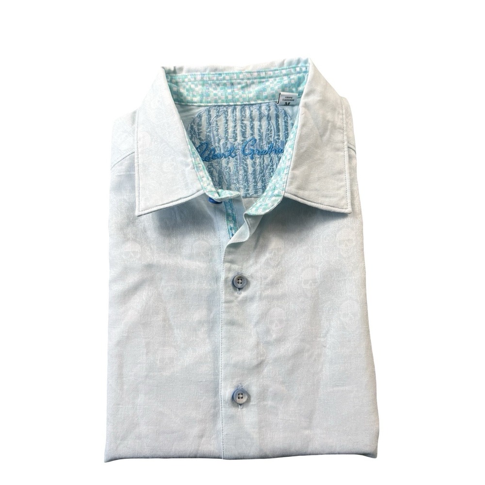 Robert Graham Light Blue Skull AOP Linen Cotton S/S Mens Button Front Size M